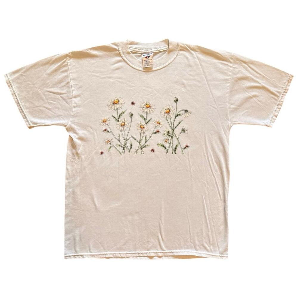 Vintage Jerzees Heavyweight Daisy Graphic T Shirt Flower Nature White Mens Med